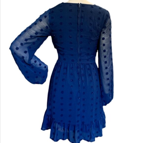 City Vibe Chiffon Swiss Dot Ruffle Hem Long Sleeve V-Neck Dress Sz 5 Blue #46B - Picture 4 of 8